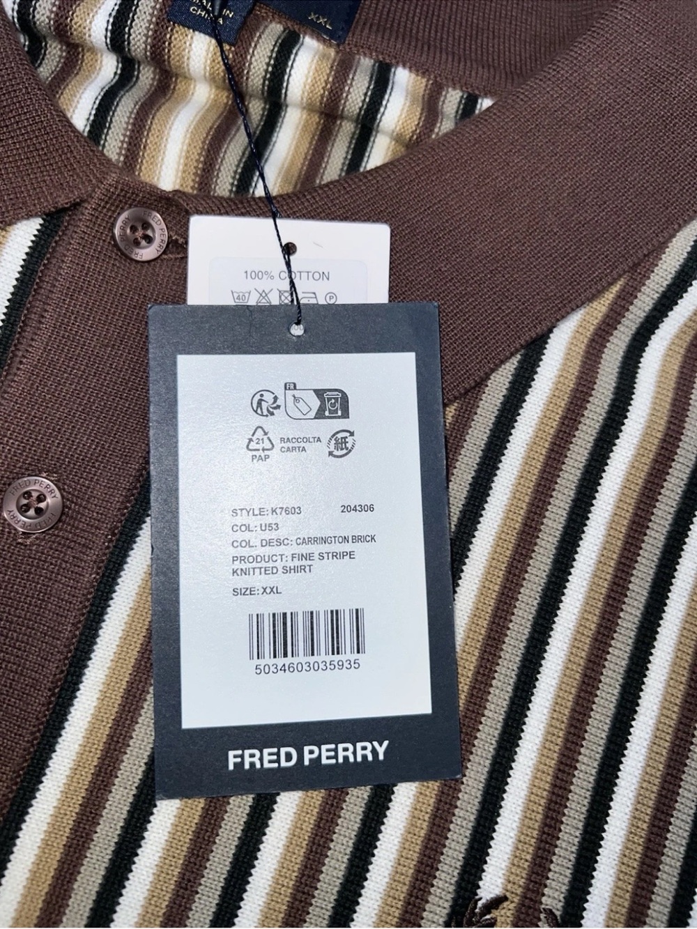 Fred Perry Fine Stripe Knitted Polo Shirt Long Sleeve 2XL Carrington Brick NWT - Picture 6 of 13